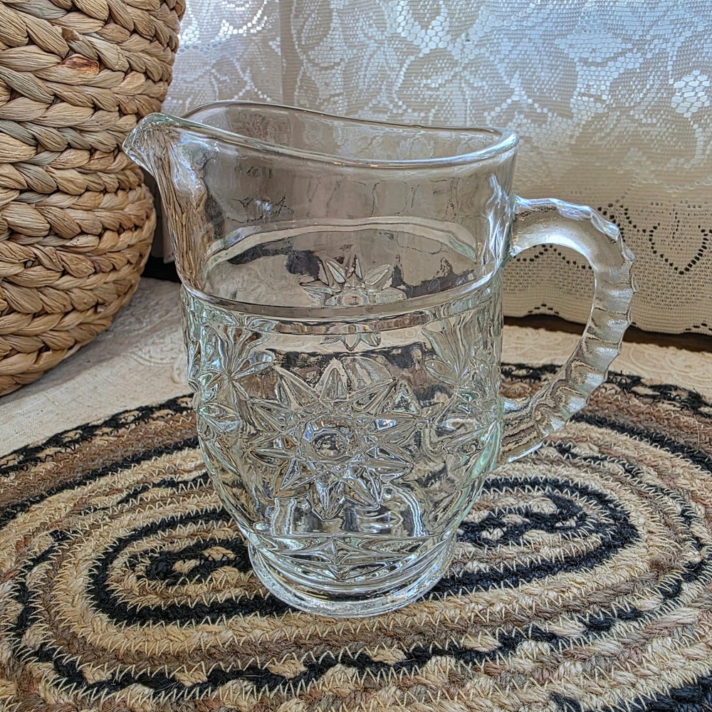 Flower Vase or Glass Pitcher 5" Clear Starburst Diamond Cut Pressed Glass